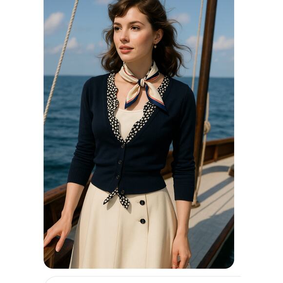 Womens Cardigans Size Large Monogram HWR Navy Nautical Ruffle Anthropologie - Picture 9 of 9